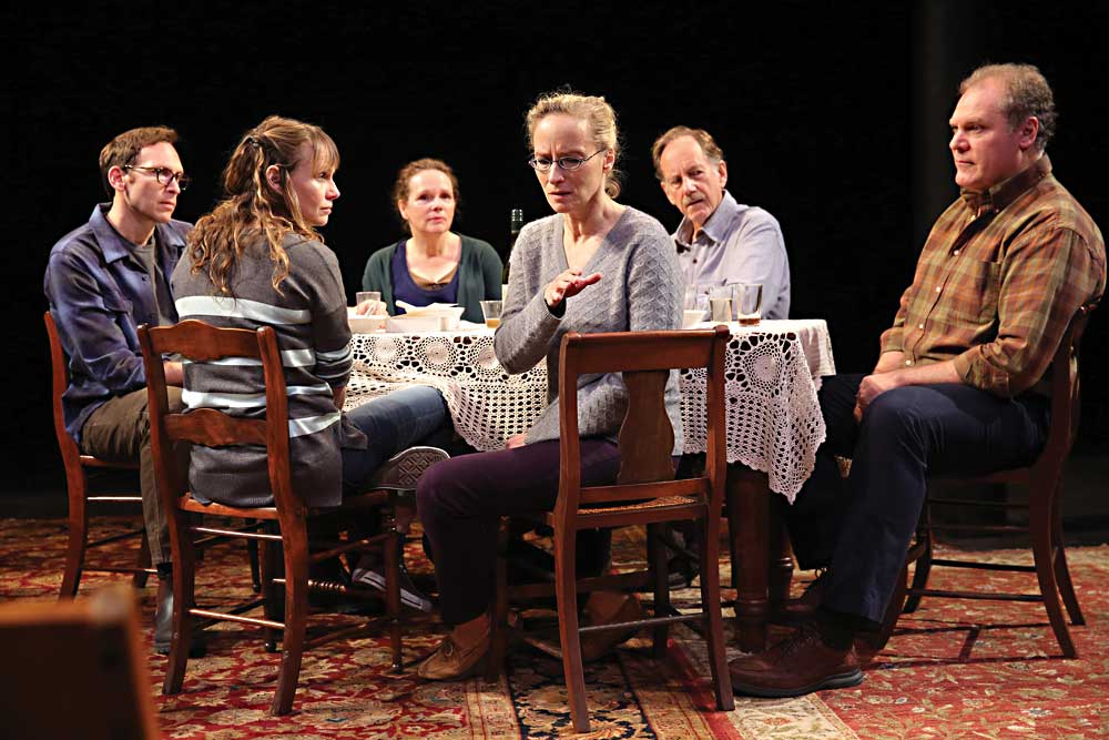 Stephen Kunken, Sally Murphy, Maryann Plunkett, Laila Robins, Jon DeVries and Jay O. Sanders in Richard Nelson’s "Regular Singing" at the Public Theater. (Photo by  Joan Marcus)