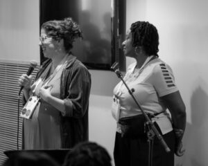 TCG interim leadership Karena Fiorenza and LaTeshia Ellerson at the Intergenerational Leaders of Color gathering within TCG NC 2024. (Photo by Elías Carmona Rivera.)