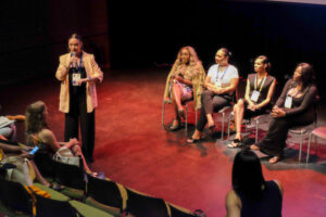 Merrique Jenson, Gisele Byrd, Donato Fatuesi, Monica Beverly Hillz, and Zahara Bassett speak the 2024 TCG National Conference in session "Valley of the Dolls: Where Trans Women of Color are Already Leading the Field." (Photo by Elías Carmona Rivera.)