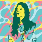 Colorful, abstract illustration of a femme looking off to the side. The illustration is mainly yellow, with blue and pink squiggly designs all around. The femme pictured has long hair and a button-down shirt.